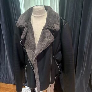 Mango Black Faux-Shearling Moto Jacket with Gray Lining